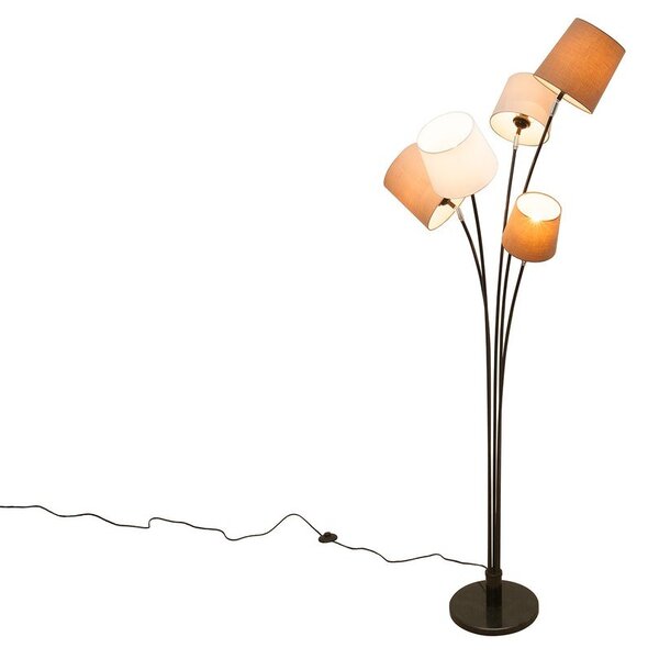 Stylová moderní kovová stojící lampa Levels s pěti kulatými hnědými a bílými lněnými stínítky 176 cm