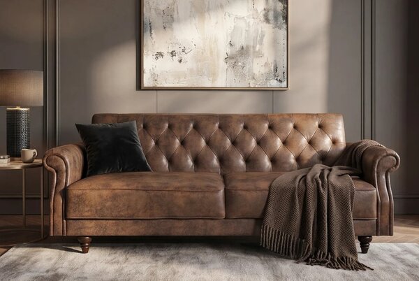 Designová klasická rozkládací sedačka Maison Belle Affaire s efektem vintage kůže v hnědé barvě a prošívanou opěrkou 220 cm