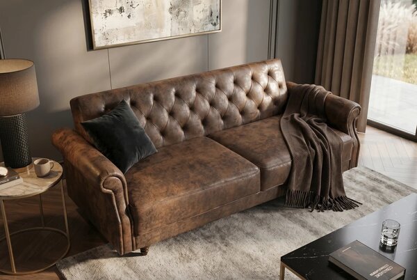 Designová klasická rozkládací sedačka Maison Belle Affaire s efektem vintage kůže v hnědé barvě a prošívanou opěrkou 220 cm