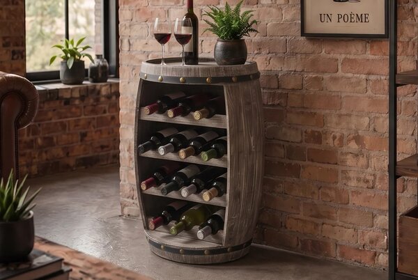 Designová vintage vinotéka Crawley z masivního dřeva v šedohnědé barvě s patinovaným efektem ve tvaru sudu na 14 lahví 64 cm