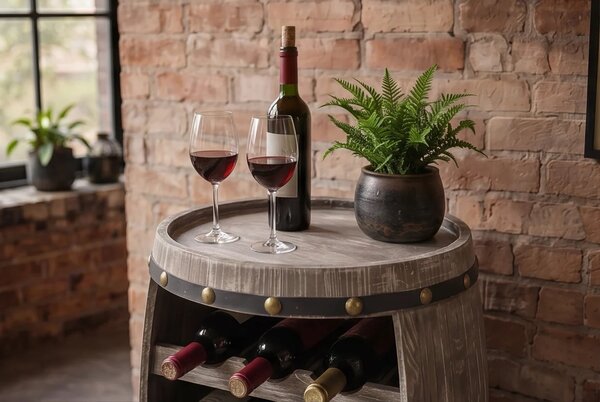 Designová vintage vinotéka Crawley z masivního dřeva v šedohnědé barvě s patinovaným efektem ve tvaru sudu na 14 lahví 64 cm