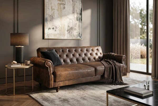 Designová klasická rozkládací sedačka Maison Belle Affaire s efektem vintage kůže v hnědé barvě a prošívanou opěrkou 220 cm