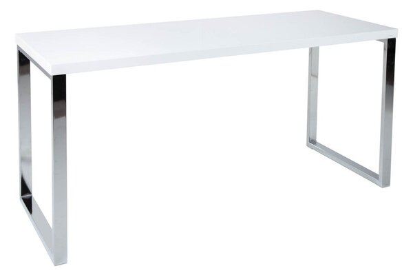 Moderní obdélníkový bílý psací stůl White Desk s lesklou deskou a hranatými stříbrnými kovovými chromovými nohami 140 cm