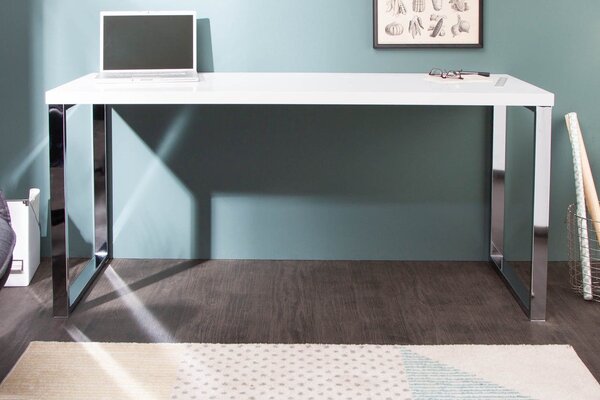 Moderní obdélníkový bílý psací stůl White Desk s lesklou deskou a hranatými stříbrnými kovovými chromovými nohami 140 cm