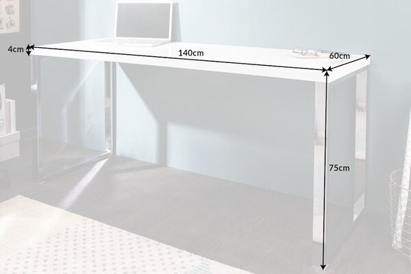 Moderní obdélníkový bílý psací stůl White Desk s lesklou deskou a hranatými stříbrnými kovovými chromovými nohami 140 cm