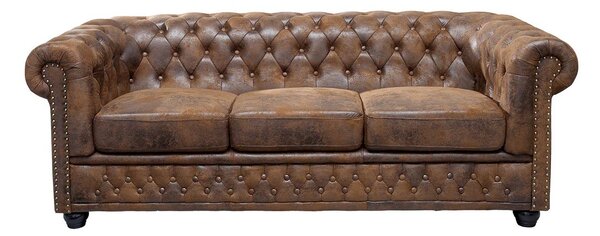 Luxusní vintage hnědá sedačka Antik s chesterfield prošíváním z kůže s nýty s černými nožičkami 205 cm