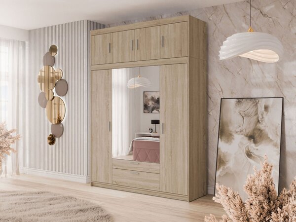Šatní skříň se zrcadlem Melen 4D + nástavec, Barva: pískově béžová 5903211475740
