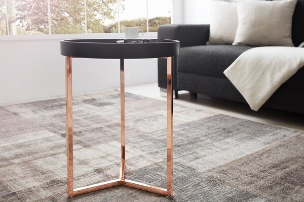 Art deco kulatý kovový příruční stolek Modul s černou dřevěnou deskou a měděnou podstavou s lesklým povrchem 40 cm