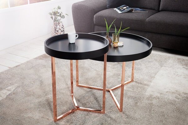 Art deco kulatý kovový příruční stolek Modul s černou dřevěnou deskou a měděnou podstavou s lesklým povrchem 40 cm