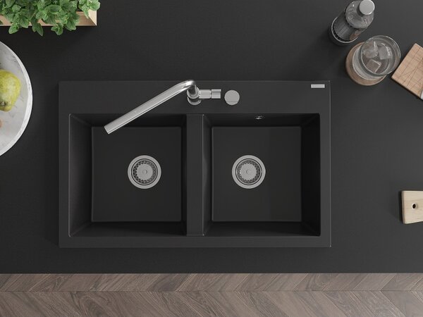 Mexen Hektor, 2-komorový granitový dřez 800x480x205 mm, černá, chromový sifon, 6521802000-77