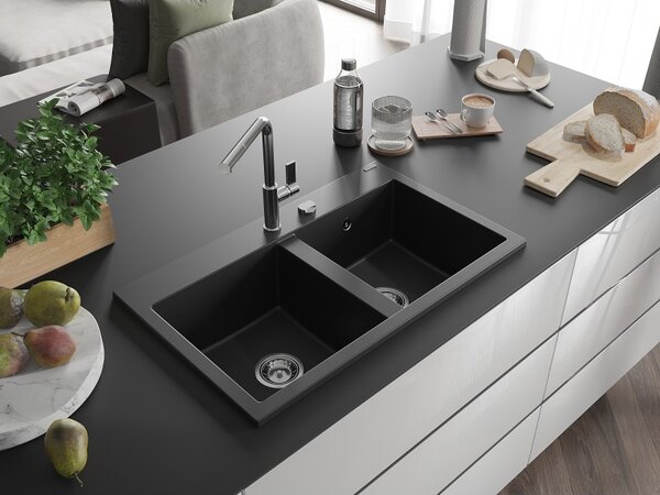 Mexen Hektor, 2-komorový granitový dřez 800x480x205 mm, černá, chromový sifon, 6521802000-77
