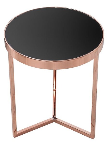 Art deco kulatý měděný kovový příruční stolek Lava s černou lesklou skleněnou deskou a tříramennou podstavou 50 cm