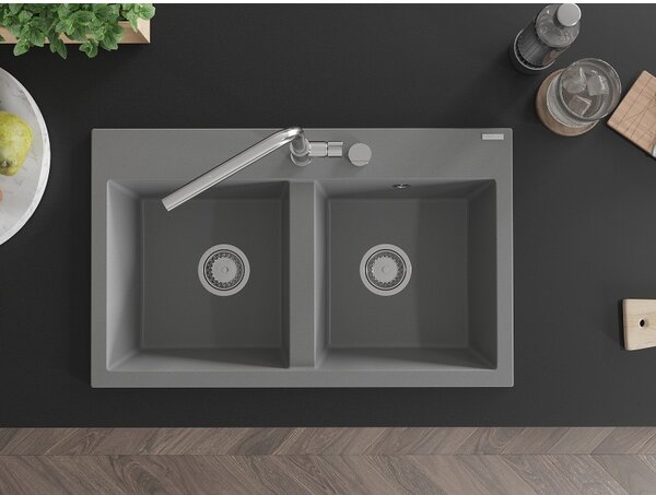 Mexen Hektor, 2-komorový granitový dřez 800x480x205 mm, šedá, chromový sifon, 6521802000-71