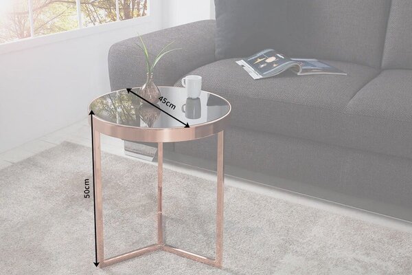 Art deco kulatý měděný kovový příruční stolek Lava s černou lesklou skleněnou deskou a tříramennou podstavou 50 cm