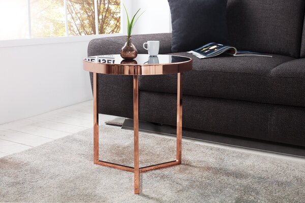 Art deco kulatý měděný kovový příruční stolek Lava s černou lesklou skleněnou deskou a tříramennou podstavou 50 cm