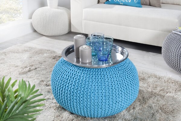 Moderní kulatá čalouněná modrá taburetka Stool s pletenou podstavou 45 cm