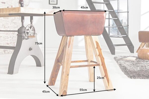 Designová venkovská moderní kožená obdélníková barová židle Linda s hnědočerveným potahem a masivními nožičkami 75 cm