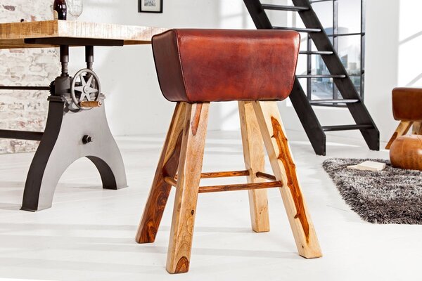 Designová venkovská moderní kožená obdélníková barová židle Linda s hnědočerveným potahem a masivními nožičkami 75 cm