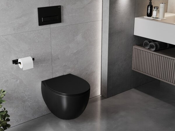 Mexen Egg, závěsná WC mísa Rimless s duroplastovým sedátkem s pomalým zavíráním, černá matná, 30245070