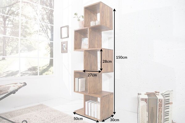 Koloniální hnědý regál Makassar ze sheeshamového masivu s pěti kostkami ve střídavém uspořádání a lakovaným povrchem 150 cm