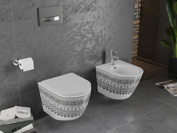 Mexen Lena, závěsná WC mísa Rimless s duroplastovým sedátkem s pomalým zavíráním, bílá-černý vzor, ​​30224095