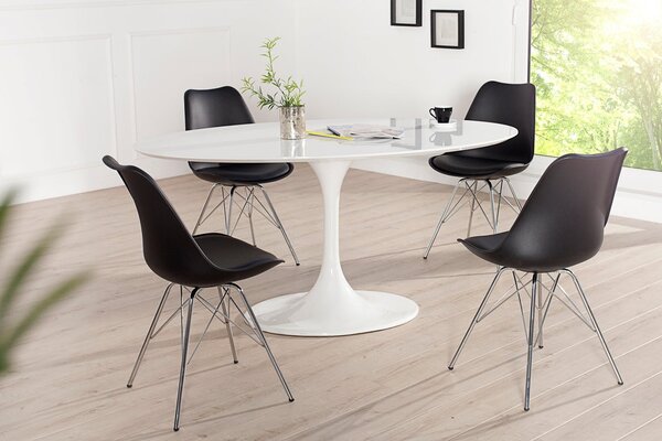 Designová retro černá jídelní židle Scandinavia s koženým potahem a šikmým chromovým nohama 85 cm