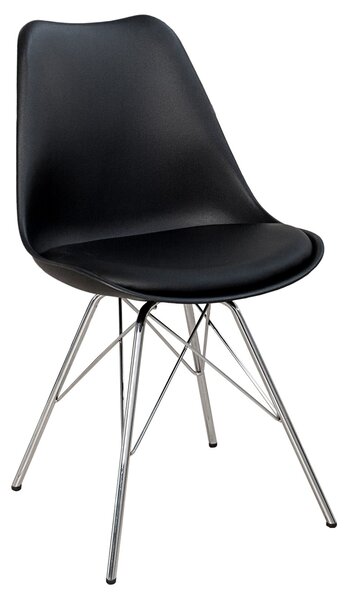 Designová retro černá jídelní židle Scandinavia s koženým potahem a šikmým chromovým nohama 85 cm
