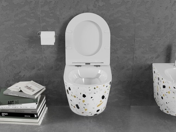 Mexen Lena, závěsná WC mísa Rimless s duroplastovým sedátkem s pomalým zavíráním, bílá-terazzo vzor, ​​30224096