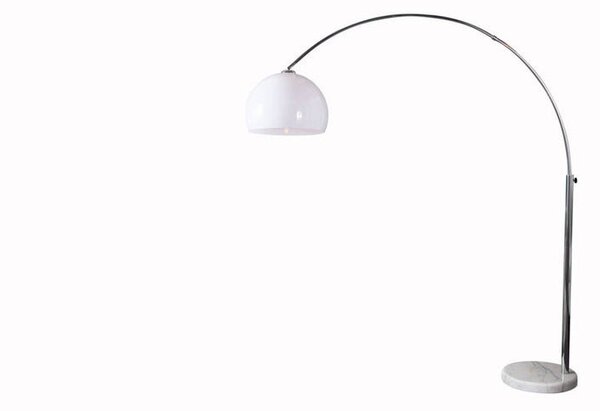 Designová polohovatelná oblouková moderní kovová stříbrná stojací lampa Big Bow s bílým akrylovým kulatým stínítkem 205 cm