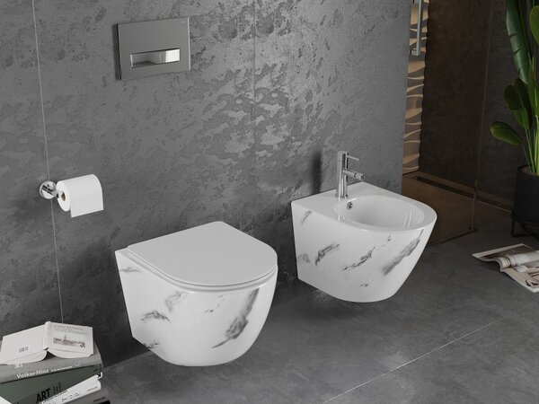 Mexen Lena, závěsná WC mísa Rimless s duroplastovým sedátkem s pomalým zavíráním, imitace mramoru-bílý kámen, 30224092