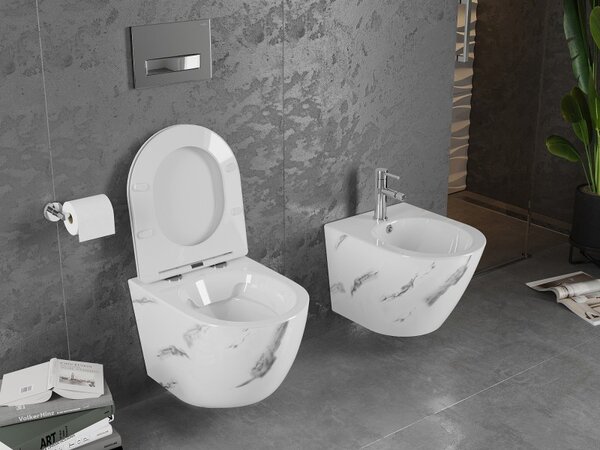Mexen Lena, závěsná WC mísa Rimless s duroplastovým sedátkem s pomalým zavíráním, imitace mramoru-bílý kámen, 30224092