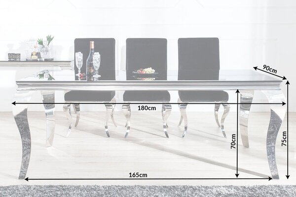 Glamour obdélníkový stříbrný jídelní stůl Modern Barock s černou opálovou skleněnou deskou 180 cm