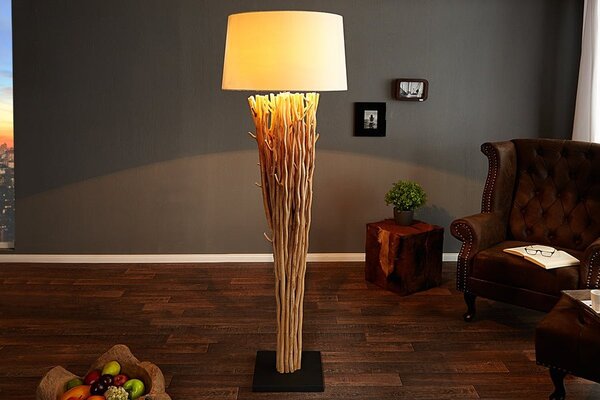 Etno stojící lampa Euphoria z naplavených větví s kulatým krémovým lněným stínítkem a černou čtvercovou podstavou 175 cm