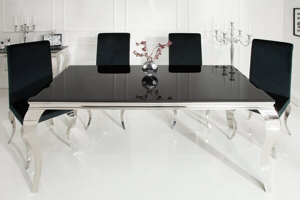 Glamour obdélníkový stříbrný jídelní stůl Modern Barock s černou opálovou skleněnou deskou 180 cm