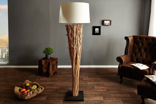 Etno stojící lampa Euphoria z naplavených větví s kulatým krémovým lněným stínítkem a černou čtvercovou podstavou 175 cm