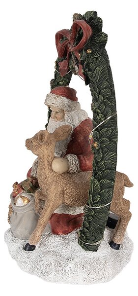 Vánoční dekorace Santa se srnečkou v zeleném věnci s Led - 19*12*23 cm - Clayre & Eef