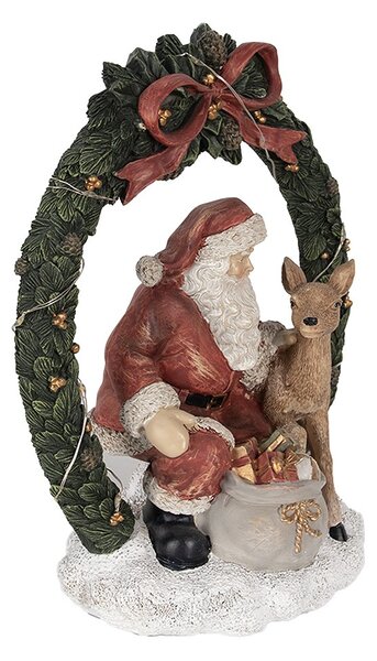 Vánoční dekorace Santa se srnečkou v zeleném věnci s Led - 19*12*23 cm - Clayre & Eef