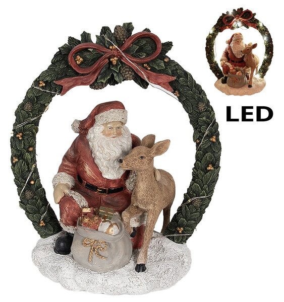 Vánoční dekorace Santa se srnečkou v zeleném věnci s Led - 19*12*23 cm - Clayre & Eef