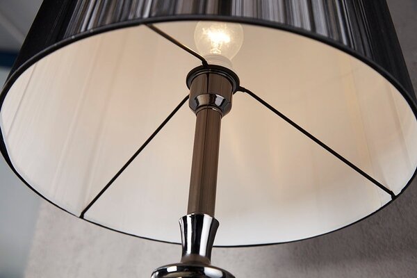Luxusní glamour jedinečná stojací lampa Lucie Schwarz z kovu s lesklým černým povrchem a kulatým nylonovým stínítkem 160 cm