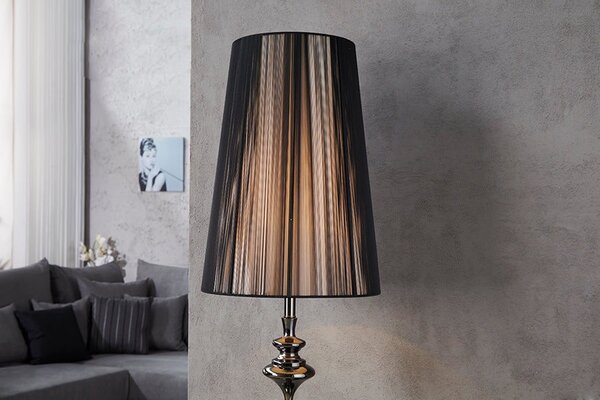 Luxusní glamour jedinečná stojací lampa Lucie Schwarz z kovu s lesklým černým povrchem a kulatým nylonovým stínítkem 160 cm