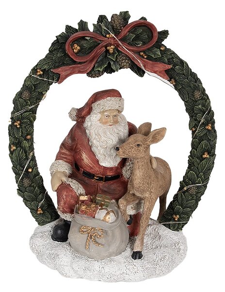 Vánoční dekorace Santa se srnečkou v zeleném věnci s Led - 19*12*23 cm - Clayre & Eef