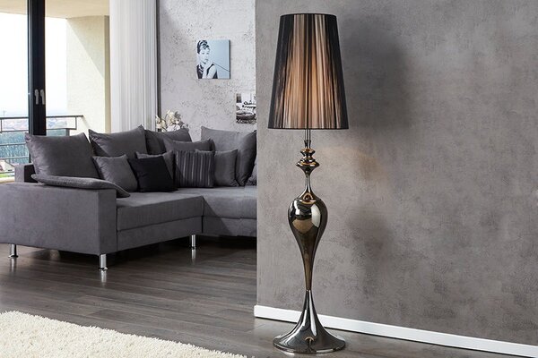 Luxusní glamour jedinečná stojací lampa Lucie Schwarz z kovu s lesklým černým povrchem a kulatým nylonovým stínítkem 160 cm