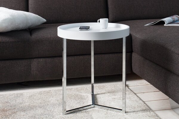 Art deco kulatý příruční stolek Modul s matnou šedou deskou a stříbrnou chromovou kovovou podstavou 40 cm