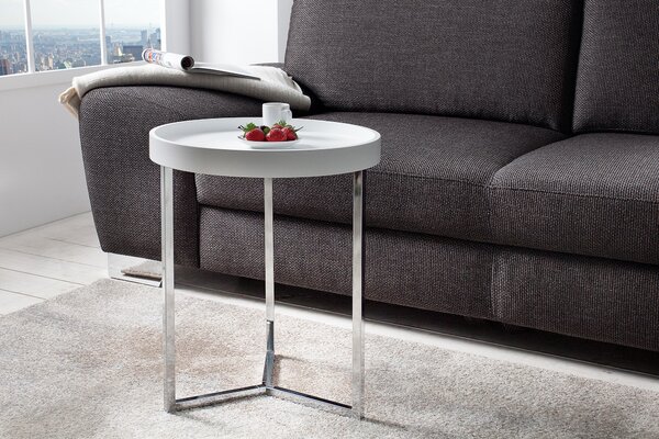 Art deco kulatý příruční stolek Modul s matnou šedou deskou a stříbrnou chromovou kovovou podstavou 40 cm