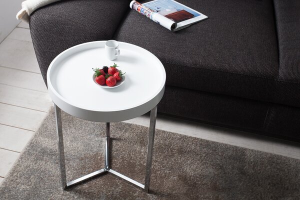Art deco kulatý příruční stolek Modul s matnou šedou deskou a stříbrnou chromovou kovovou podstavou 40 cm