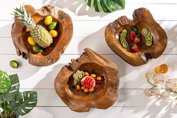 Designová etno masivní mísa na ovoce Kory z teakového dřeva v hnědé barvě v nepravidelném kulatém tvaru 50 cm