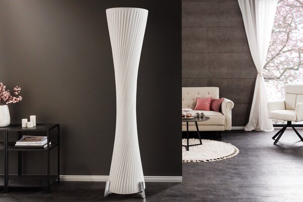 Moderní bílá kulatá vysoká lampa Helix se zatočením a stříbrnou kovovou podstavou 180 cm