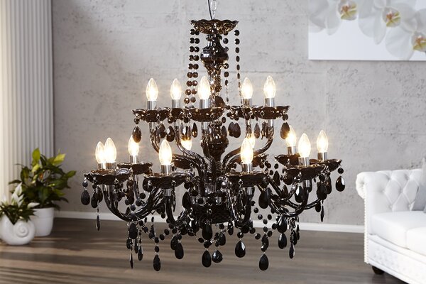 Designový zámecký lustr Karat v černé lesklé barvě s patnácti rameny s dekorativními krystaly 80 cm