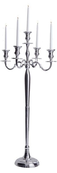 Klasický zámecký vysoký stříbrný kovový 5 ramenný svícen Modern barock s lesklým povrchem 120 cm