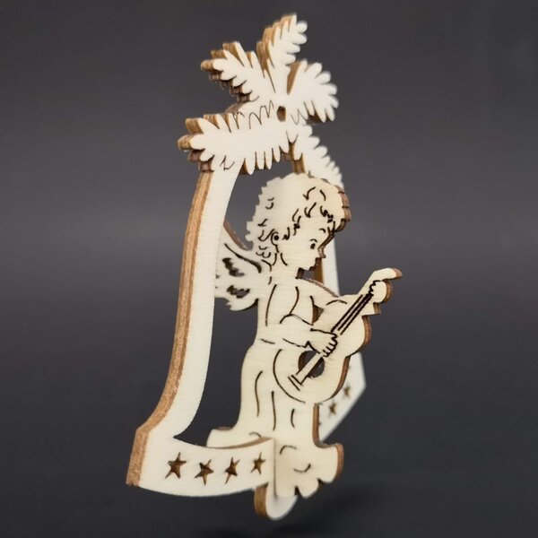 AMADEA Dřevěná ozdoba 3D zvonek - anděl s kytarou 9 cm